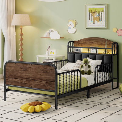 Base de lit plateforme simple en métal avec lumières DEL, tête de lit rembourrée et rangement, idéale pour les chambres d'enfants et le design moderne