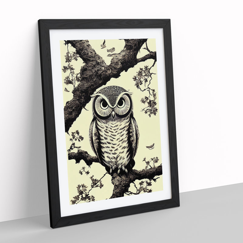 Owl On A Tree - Single Picture Frame Print, Black, 64cm H x 46cm W x 2cm D