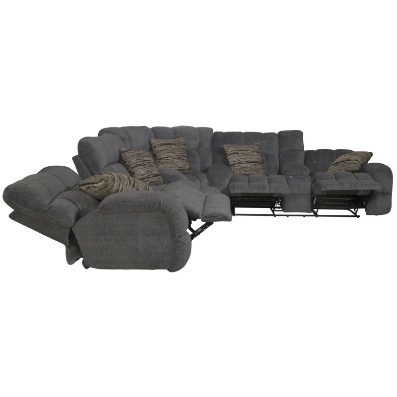 Annaliisa 3 - Piece Upholstered Sectional with 4 Lay-Flat Reclining Seats and 5 Accent Toss Pillows, Gray 100% Polyester