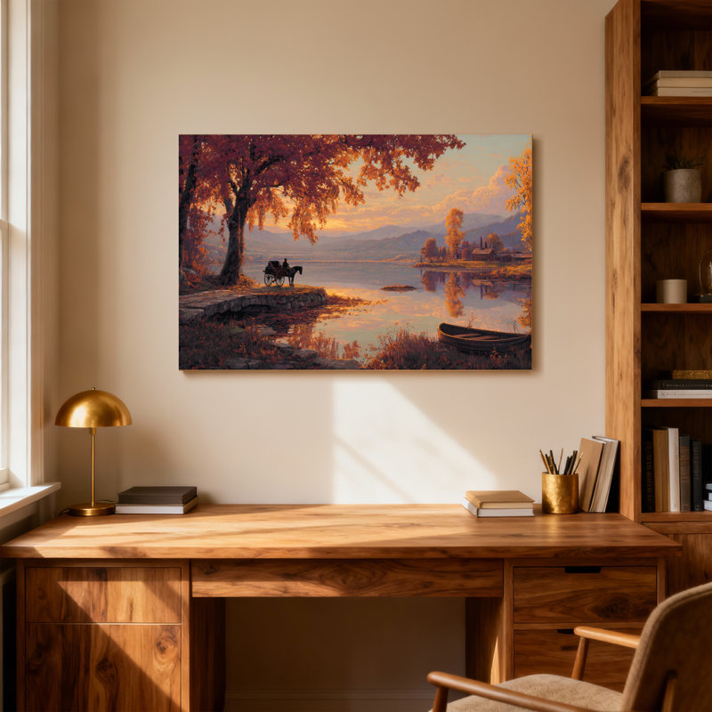 Paysage et nature Automne lac Coucher de soleil en calèche Bateau Arbres Montagnes, H 28 po x l 40 po
