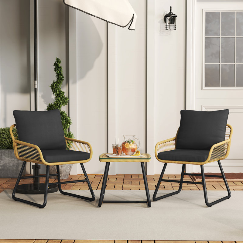 3-Piece Patio Bistro Set with Boho Coffee Table & 2 Chairs with Cushions & Pillows, Black