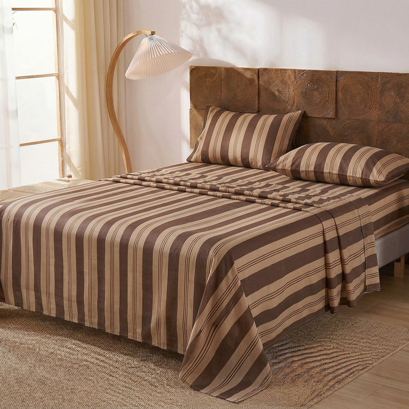 Ensemble de draps 100% coton de très grande taille - Literie rayée brune, tissage percale doux et respirant, drap-housse à poche profonde 17,5 po, ensemble de draps doux et luxueux pour toutes les saisons