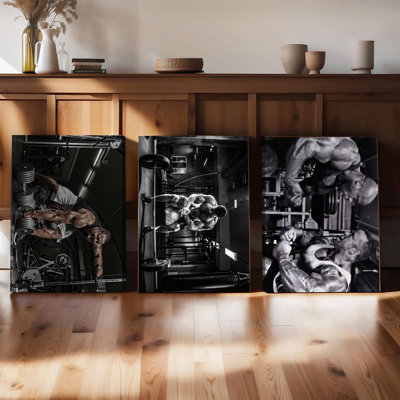 Ensemble de 3 affiches murales encadrées, impressions sur toile en noir et blanc pour la décoration de votre gym à domicile. Inspiration pour la musculation et l'entraînement, décoration murale moderne pour hommes et femmes passionnés de fitness.