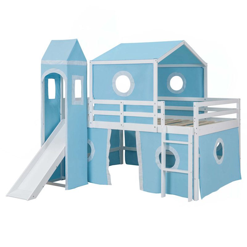 Lit mezzanine avec glissade et tour, Bleu, Double