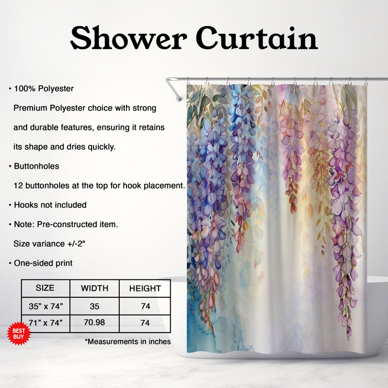 Délicats motifs floraux - rideau de douche standard 1 pièce, H 74 po x l 71 po
