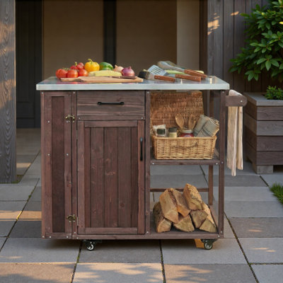 Outdoor Kitchen Island Fir Wood Prep Station Lockable Kitchen Cart With Stainless Top, Ample Storage Space