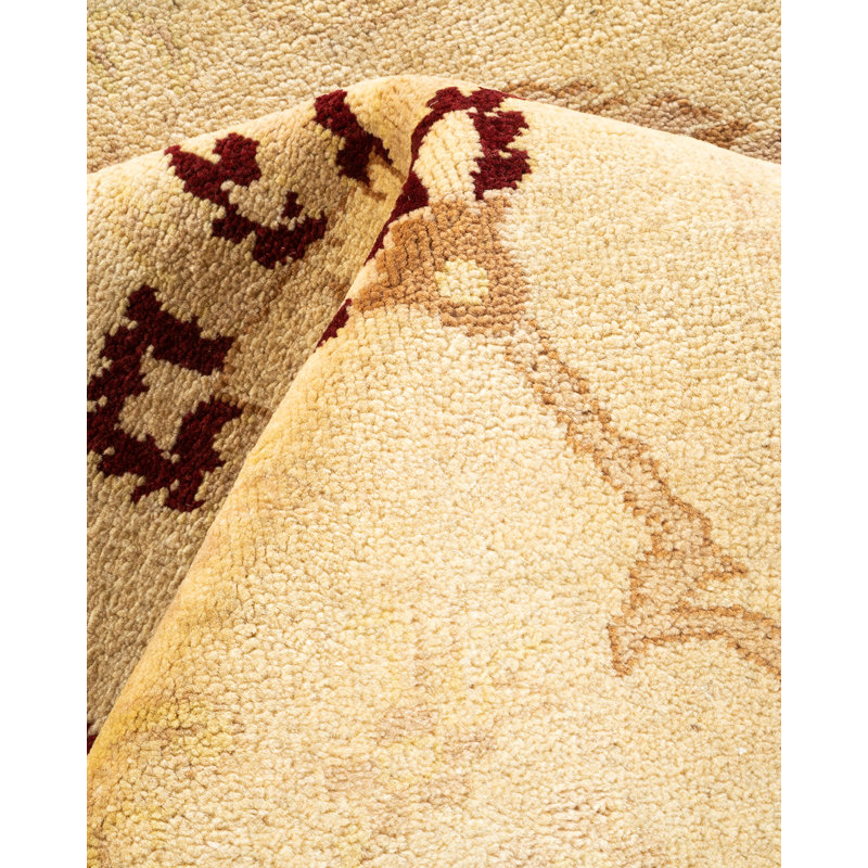 Tapis unique noué à la main ivoire / rouge de 9 pi x 11 pi 10 po