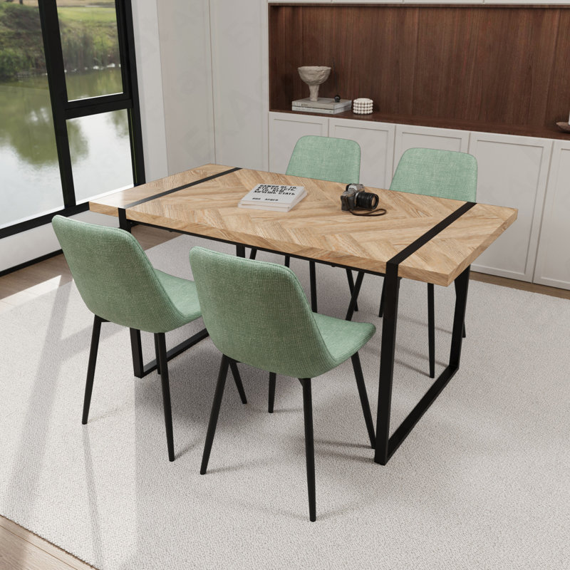 Ensemble de table de salle à manger 59 pièces en bois aggloméré 59 po et 4 pièces, ensemble de table de salle à manger de style médiéval en bois, base rectangulaire en métal, table de salle à manger et chaise en suède