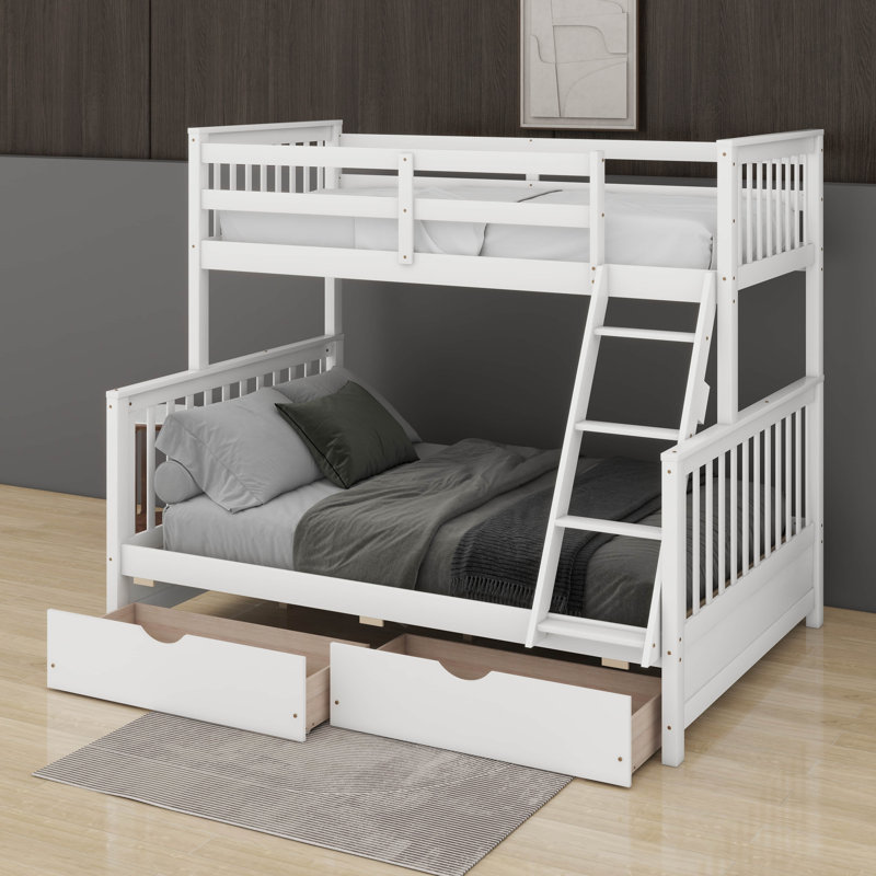 Twin Over Full Bunk Bed With Ladders And Drawers, White