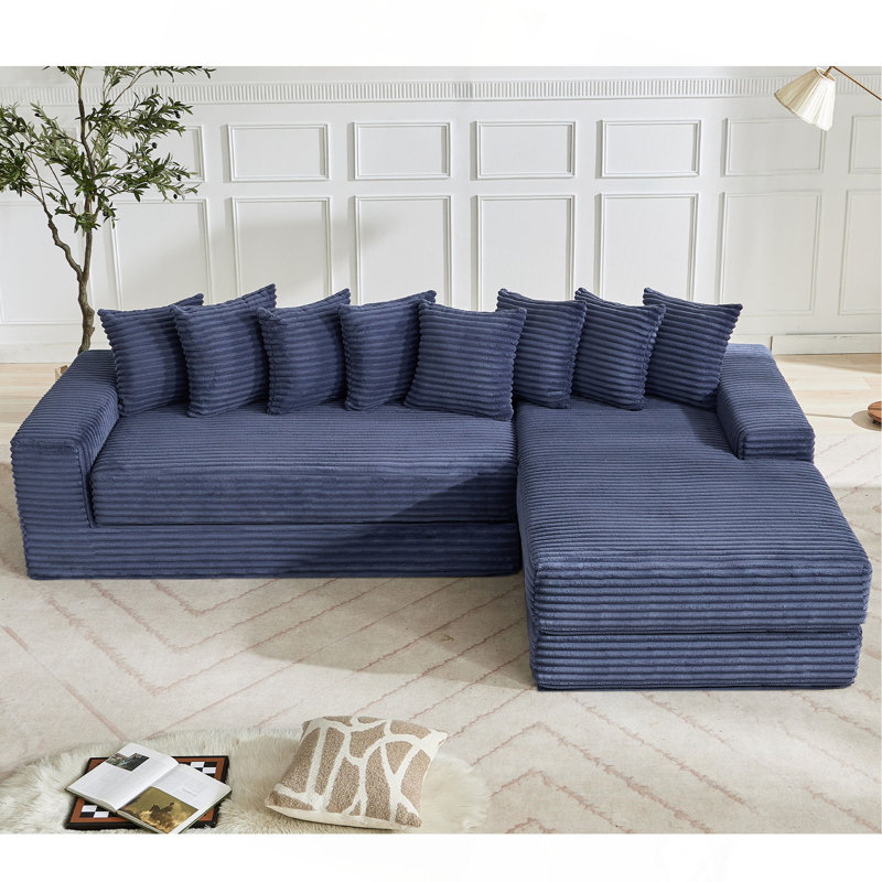 Canapé modulaire surdimensionné en nuage, canapé en L, canapé-lit convertible au sol, sans assemblage, huit coussins, 3-en-1, sac à magazines, (canapé faisant face à la droite), velours côtelé, bleu