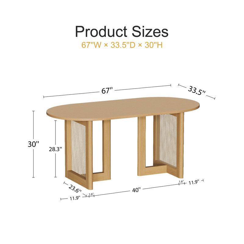 Midkiff 33.5"W×30"H Oval Dining Table Kitchen Table with Rattan Double Pedestal Base, 30"H x 67"L x 33.5"W, Natural Wood