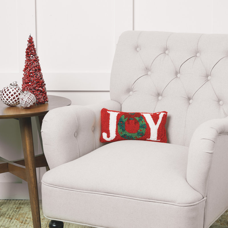 Traditional Christmas Joy Wreath Hooked Pillow