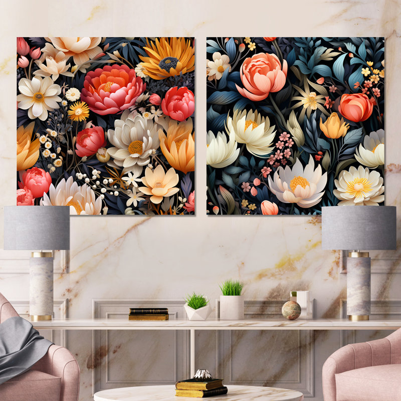 Berene - Ensemble de 2 carrés muraux floraux en métal, H 16 po x l 32 po