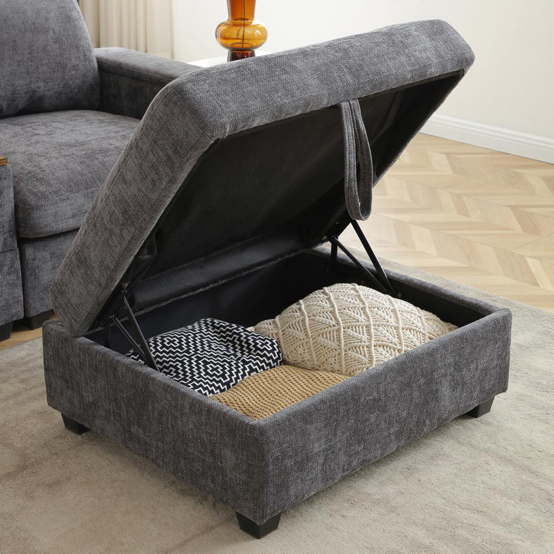 Oversized L Shaped Sectional Sofa Cloud Couch With Drop Down And Table Storage Ottoman, Gray