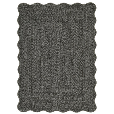 Small Washable Rug 3x5 Scalloped Rug Non Slip Farmhouse Braided Print Carpet, Low Pile Non Shedding Floor Covering, Soft Thin Foldable Mat for Foyer Entryway Hallway, Grey Brown