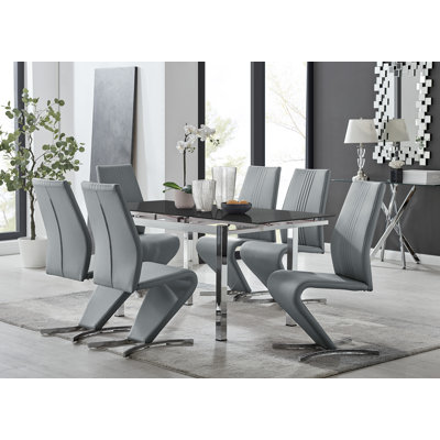 Tierra Modern Glass & Metal Extendable Dining Table Set & 6 Luxury Faux Leather Dining Chairs