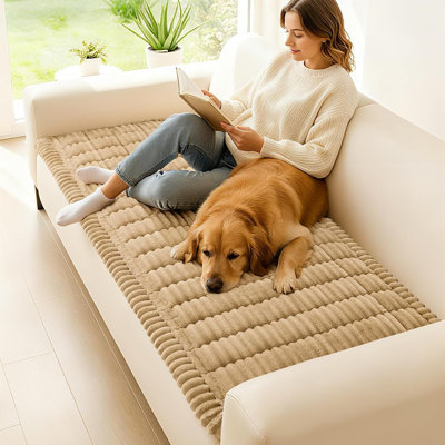 Plush Pet Sofa Cover – Neutral – Washable Non-Slip Fuzzy Couch Protector For 3-Cushion Sofas, Pet-Friendly Design