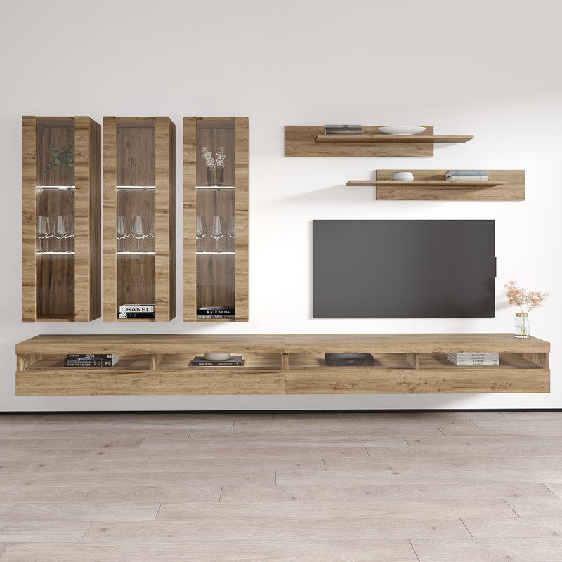 126" Modern Floating Wall Mounted Entertainment Center with 16-Color LED Lighting, High Gloss Finish, Oak