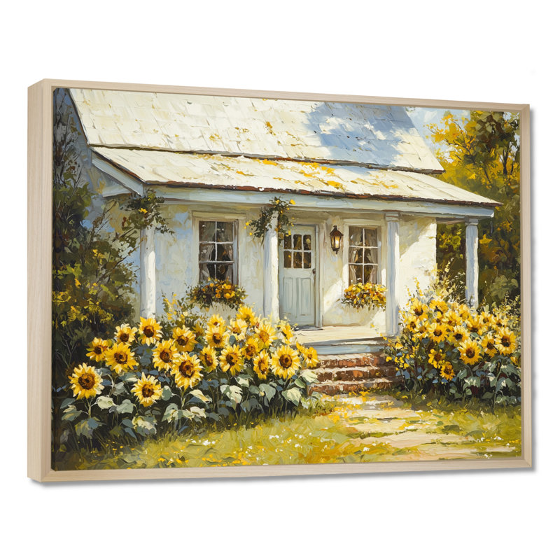 Donnalynn tournesols par le porche de ferme I - tournesols grand art mural, H 34 po x l 44 po, Impression encadrée flottante