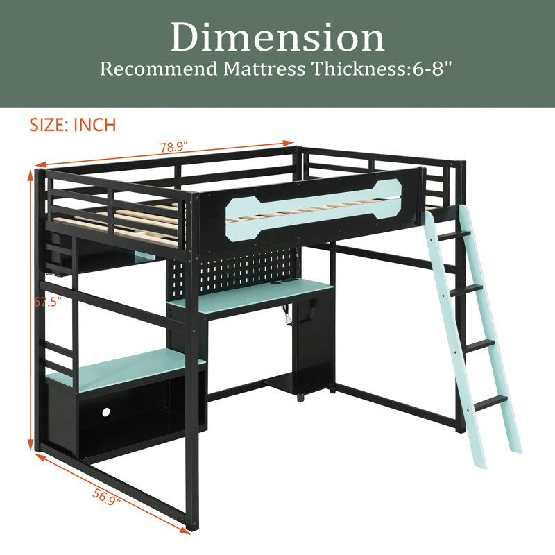 Full Size Wood Loft Bed With Desk, Shelves, LED Lights, USB Ports And Pegboard, Blue