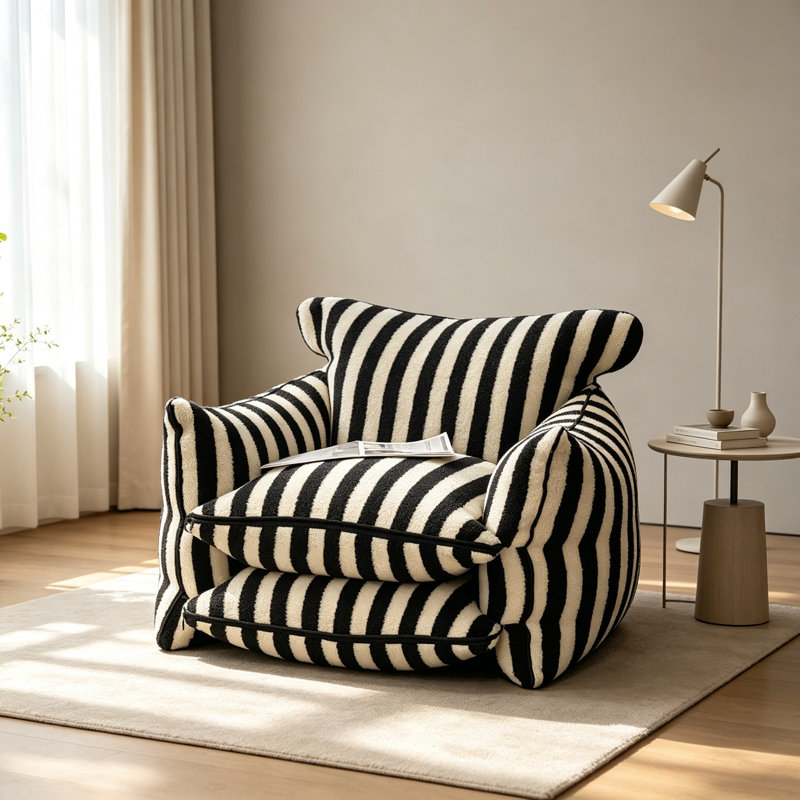 Chaises d'appoint simples en sherpa à rayures, H 27,56 po x l 43,3 po x P 35,4 po, Noir / blanc Sherpa
