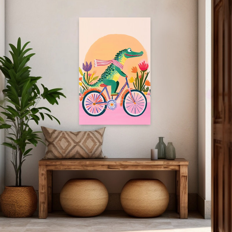 Happy Alligator Bike Ride Alligator Crocodile Flower Wall Art Print 1 Piece Wrapped Canvas Wall Art, 121.92cm H x 81.28cm W
