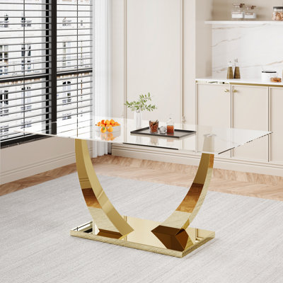 Table de salle à manger, plateau en verre avec base en métal de luxe en forme de U doré