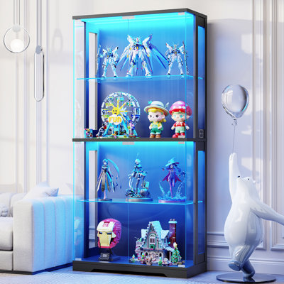 Display Cabinet With Glass Doors, 4-tier Curio Cabinet With 3 Color Lights For Collectibles, 65" Lighted Glass Display Case With Transparent Full-display Surface, Human Body Sensor, Black