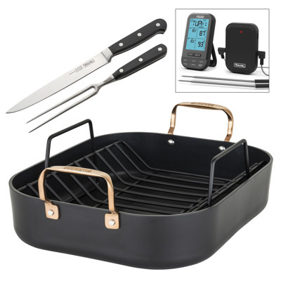 Viking Hard Anodized Roaster W/copper Handles And Double Bonus (2pc Carving Set And Thermometer)