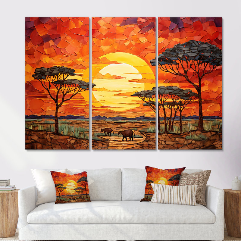 Savannah coucher de soleil en safari africain dans les teintes 2 - décoration murale mosaïque bohème, Toile tendue