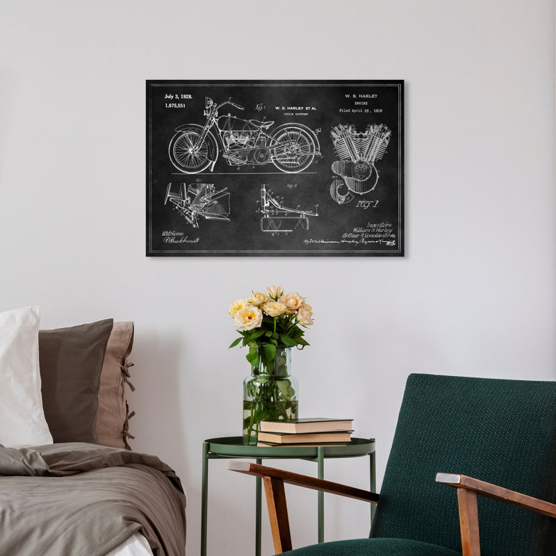 «Harley Engine 1923 Set Horiz Chalkboard», impression encadrée, H 16 po x l 24 po x P 0,75 po, Toile tendue