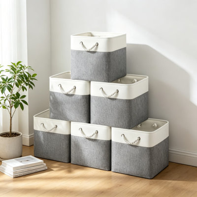 Bacs de rangement 12 x 12, boîte pliante en carton renforcé de 6 pièces, paniers de rangement lourds pour tablettes de placard, bacs de rangement avec poignées, blanc gris