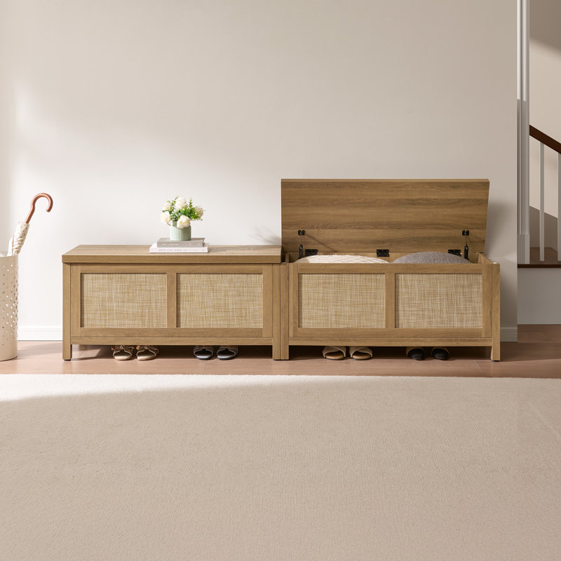 Banc en rotin d'inspiration bohémienne 39,4 po, multifonctionnel avec rangement caché, Chêne caramel, 2