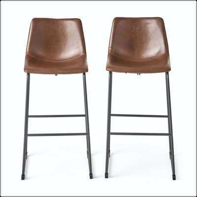 Set of 2 Vintage Brown Faux Leather Barstools with Low Back and Wide Seat