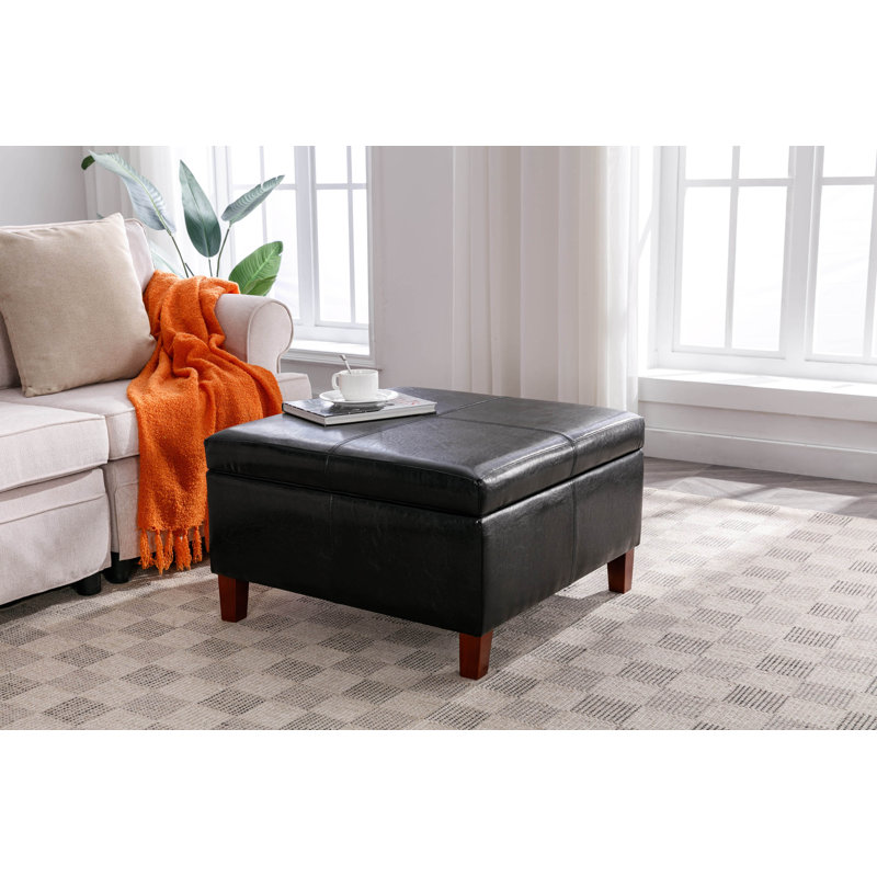 Adalisa Faux Leather Storage Ottoman with Wooden Legs, Black