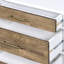 Table de chevet rectangulaire avec 3 rangements en finition bois blanc et chêne vieilli