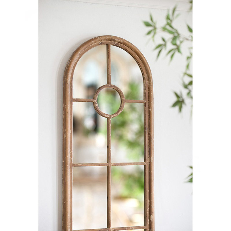 24X79" Half-Round Elongated Mirror With Decorative Window Look Classic Architecture Style Solid Fir Wood Interior Decor