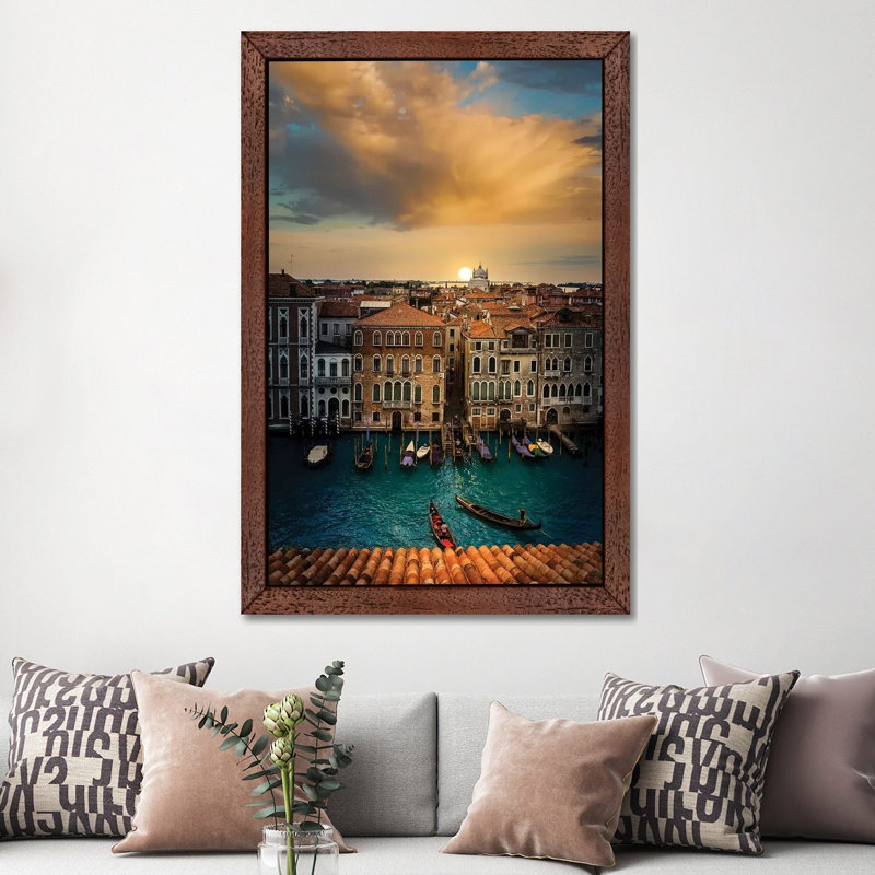 Sunset In Venice by Enzo Romano - Floater Frame Print on Canvas, Brown Framed, 152.5 cm H x 101.5 cm W