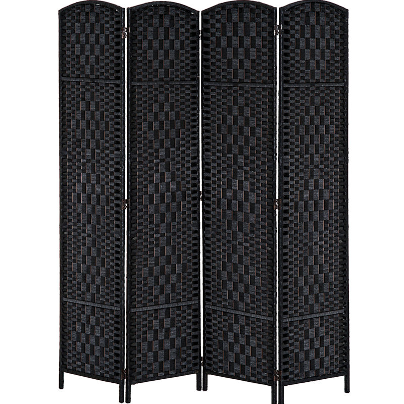Paravent tissé noir de 1,83 m de haut. Cloison élégante pour services de pédiatrie, 4 panneaux, pentures, idéale pour les bureaux à domicile.