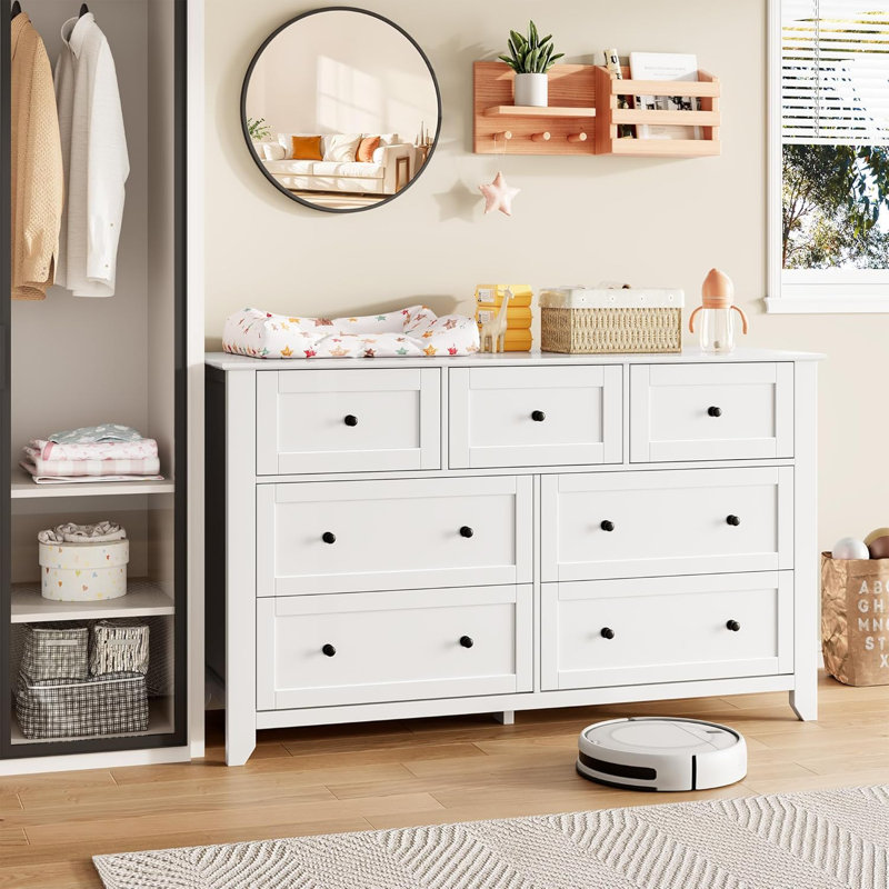 54" Wide 7 Drawer Dresser, Modern Wood Chest with Deep Drawers, White, White