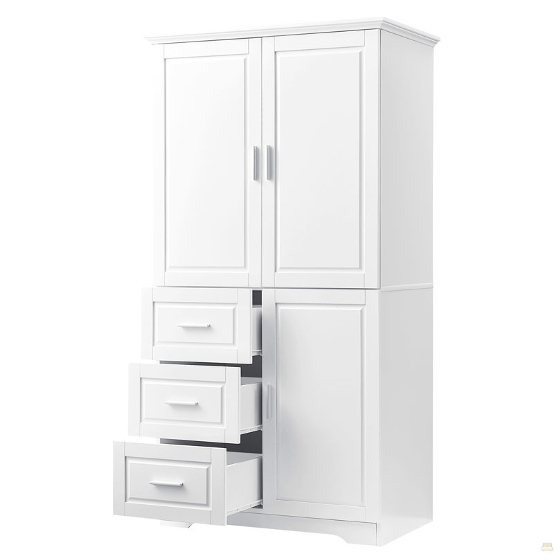 Armoire de rangement haute et large avec portes pour salle de bain / bureau, trois tiroirs, blanc, White