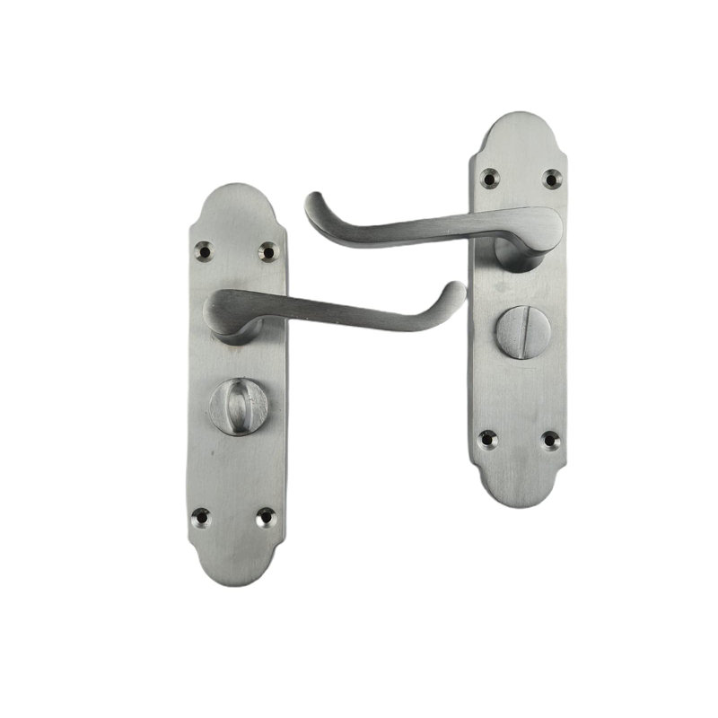 Epsom Design Victorian Style Bathroom Door Handles on Shaped Backplate in Satin Brushed Chrome, Internal Pack with Hinges and Latches, Privacy Set - 168mm x 40mm