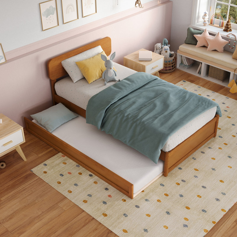 Lit plateforme en bois massif avec lit gigogne assorti Ause, Simple, Caramel clair