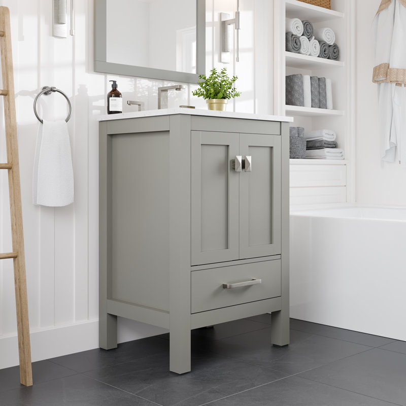 Minnich 24"W x 22"D Bathroom Vanity with Undermount Porcelain Sink, Quartz - White Carrara, Gray