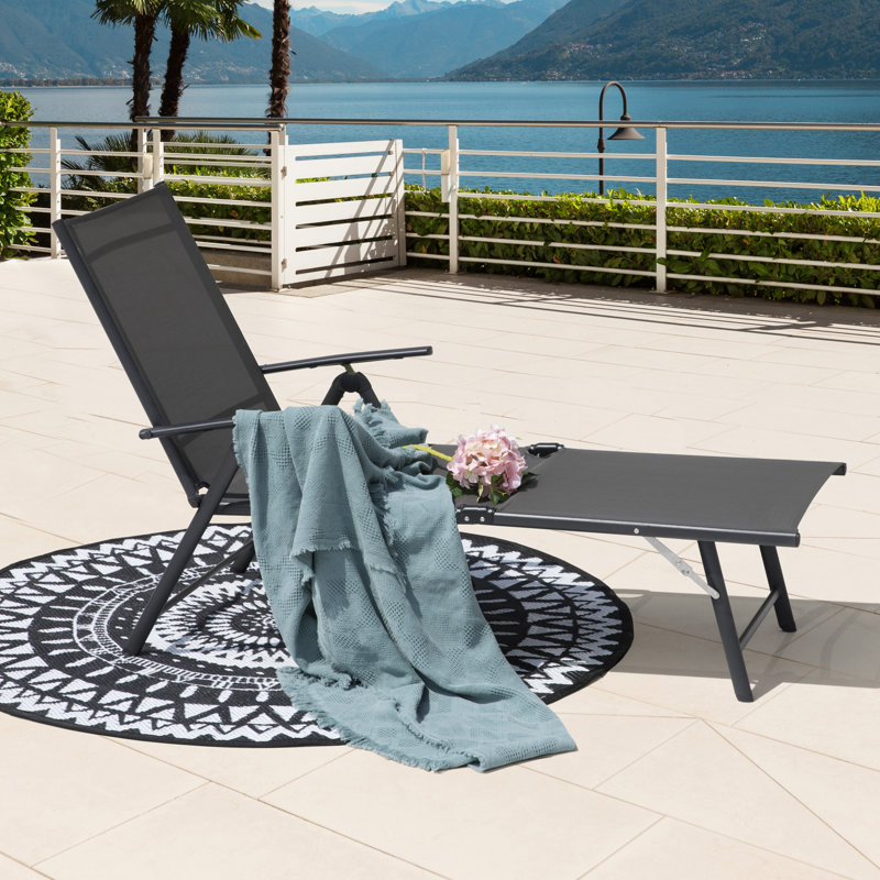 Hughe Outdoor Metal Chaise Lounge, Foldable and Assemble Free Outdoor Lounge Chair with 7-Position Adjustable Backrest, Patio Lounge Chair for Poolside, Dark Gray