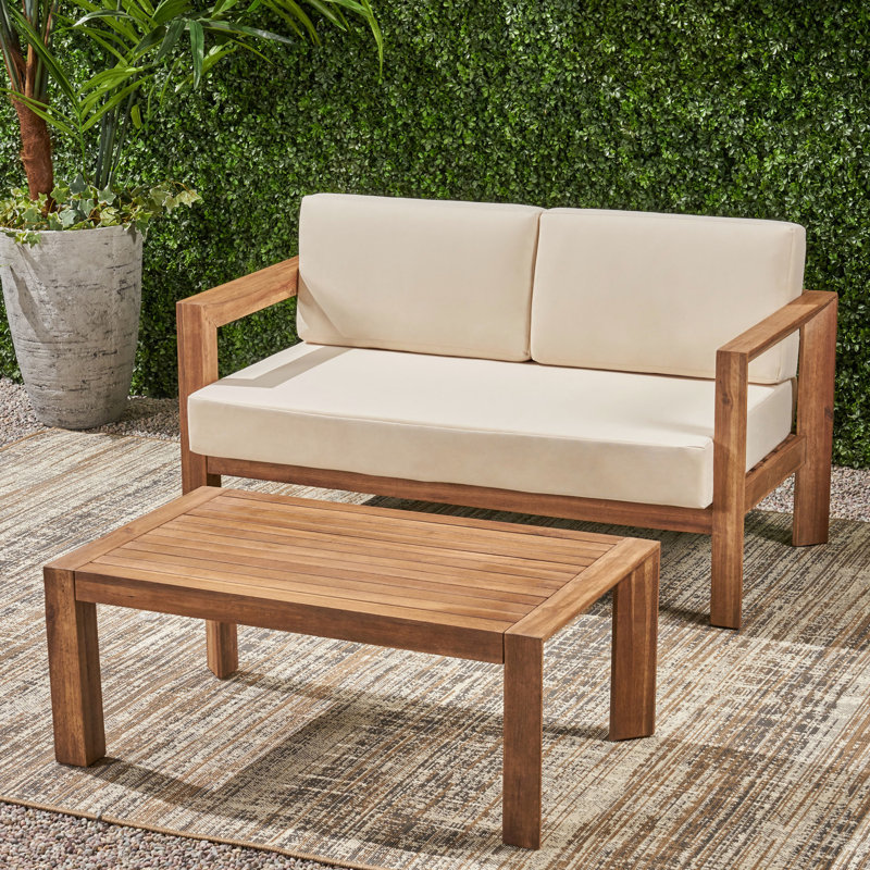 Table basse en bois et bois, siège à eau, lattes à dossier ouvert classique, brun beige et table avec coussins confortables et imperméables