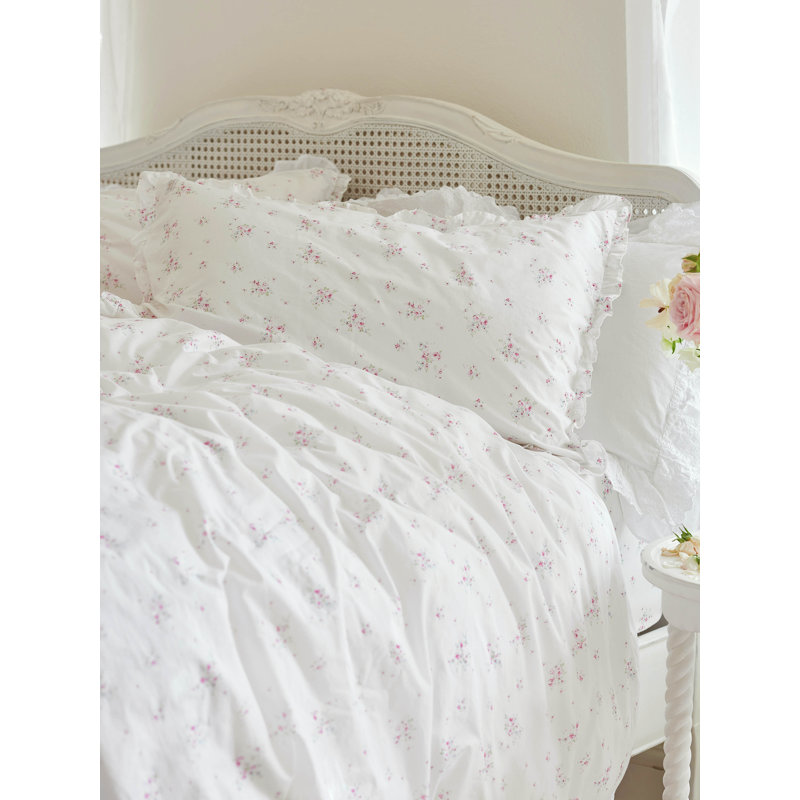 100% Cotton Percale, 180 Thread Count Floral Duvet Cover Set, Double Duvet Cover Set + 2 Pillowcases, White/Pink Floral