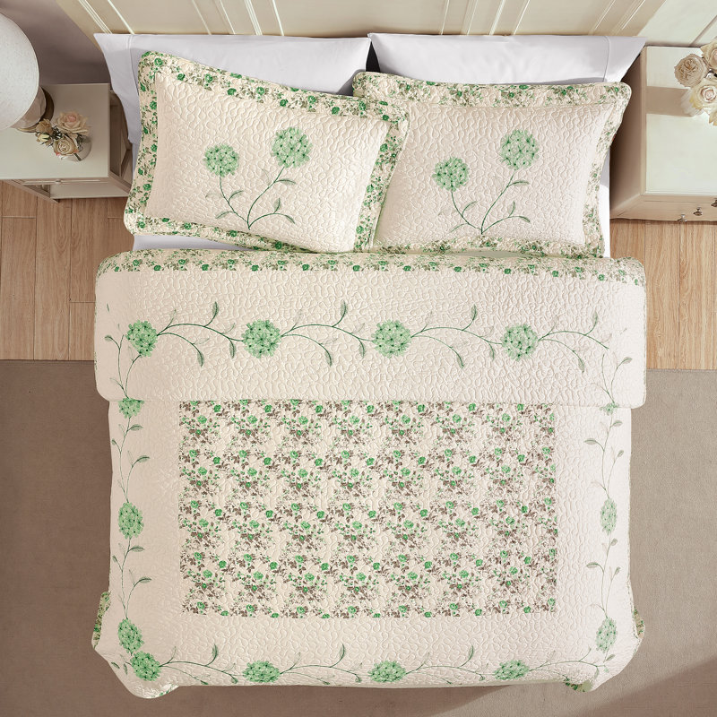 Full Size Sage Green Embroidered Floral Polyester Quilt