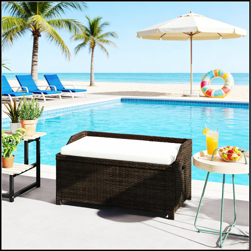Banc de rangement durable en osier avec sièges confortables et rangement imperméable spacieux, parfait pour le patio et le jardin