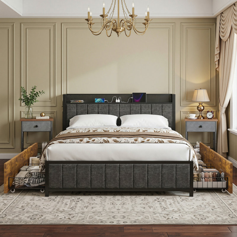  Lit double pleine grandeur avec tête de lit, cadre de lit rembourré en tissu de lin avec lumières DEL, station de charge pour tête de lit, 4 tiroirs, lit plateforme silencieux